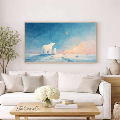 Polar Bears Starry Sunset Sky Frame TV Art displayed on a TV