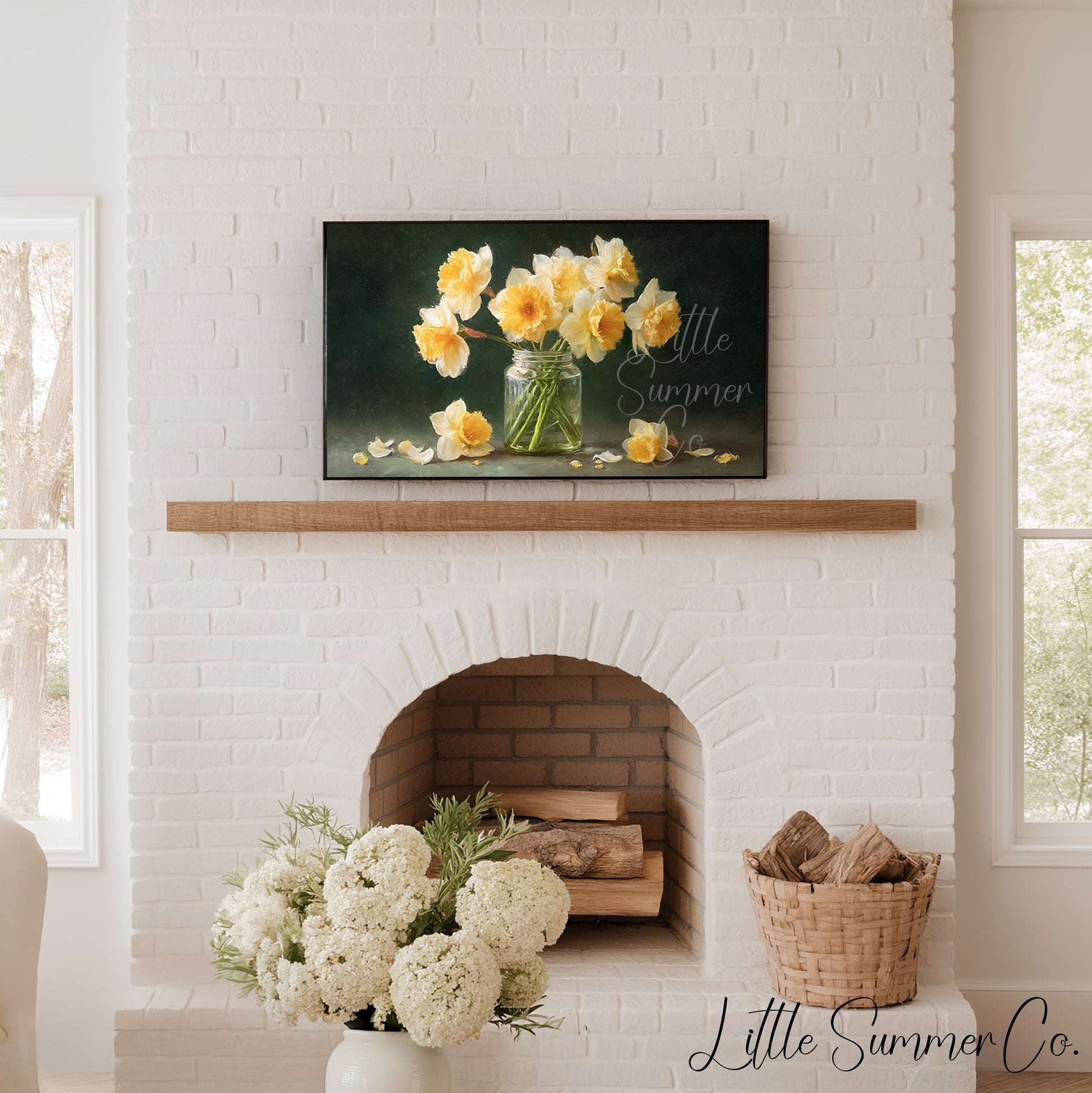 Daffodils in Glass Jar Frame TV Art displayed on a TV