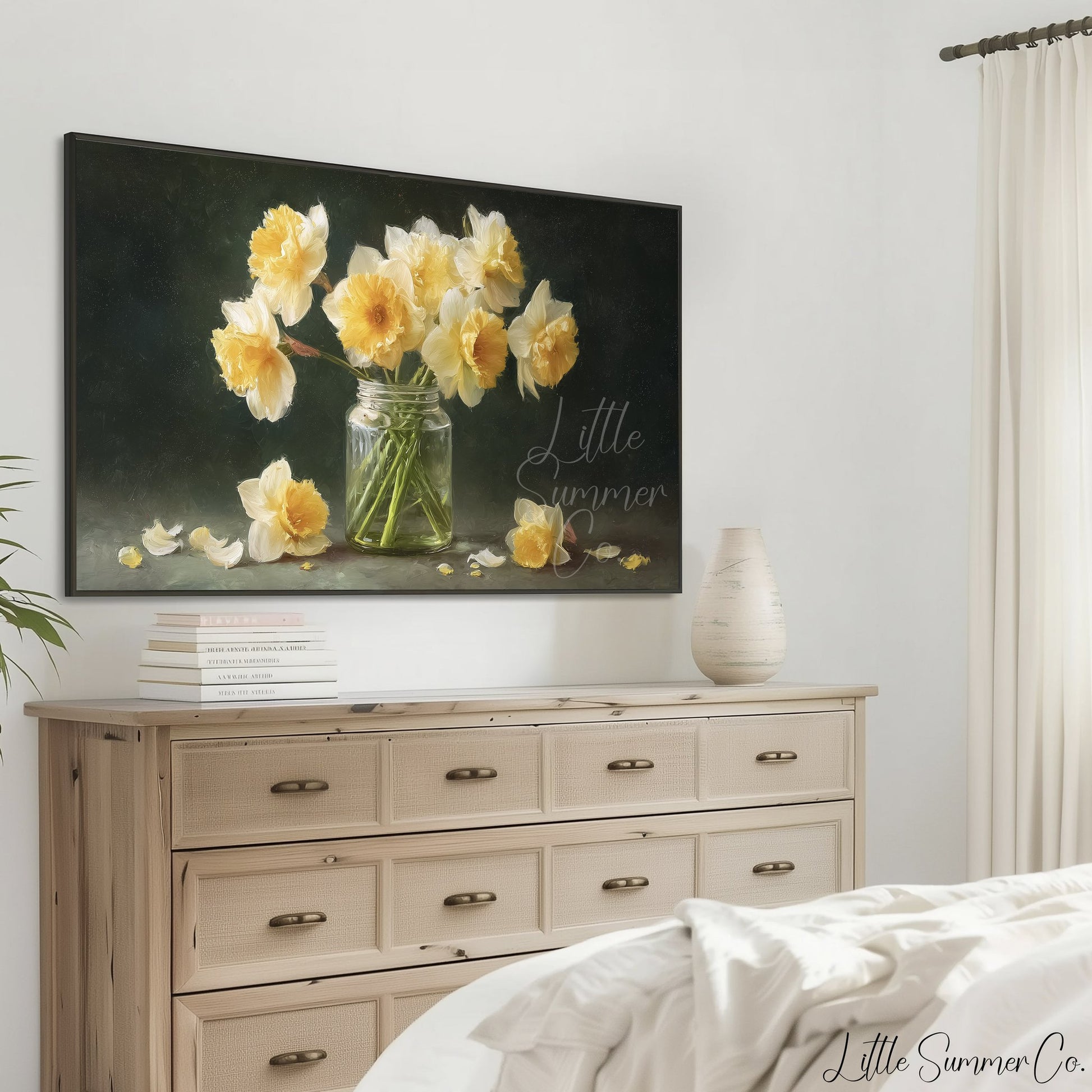 Daffodils in Glass Jar Frame TV Art displayed on a TV