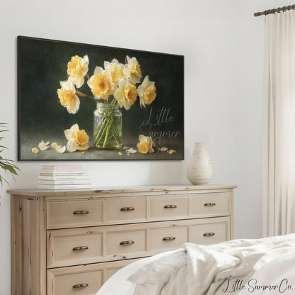 Daffodils in Glass Jar Frame TV Art displayed on a TV
