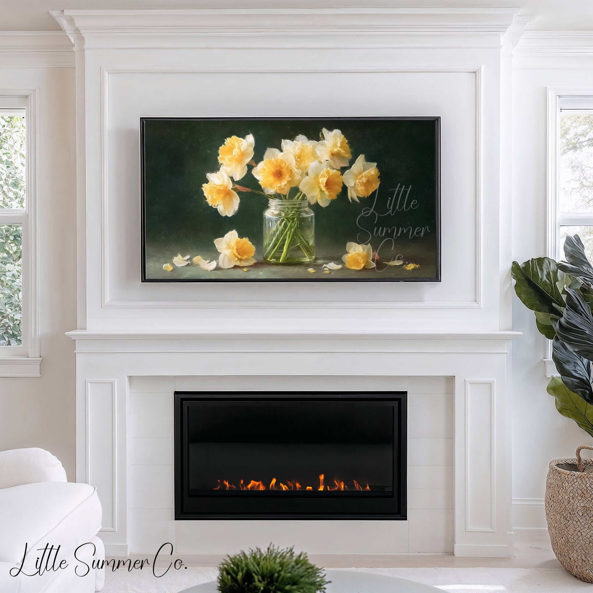 Daffodils in Glass Jar Frame TV Art displayed on a TV