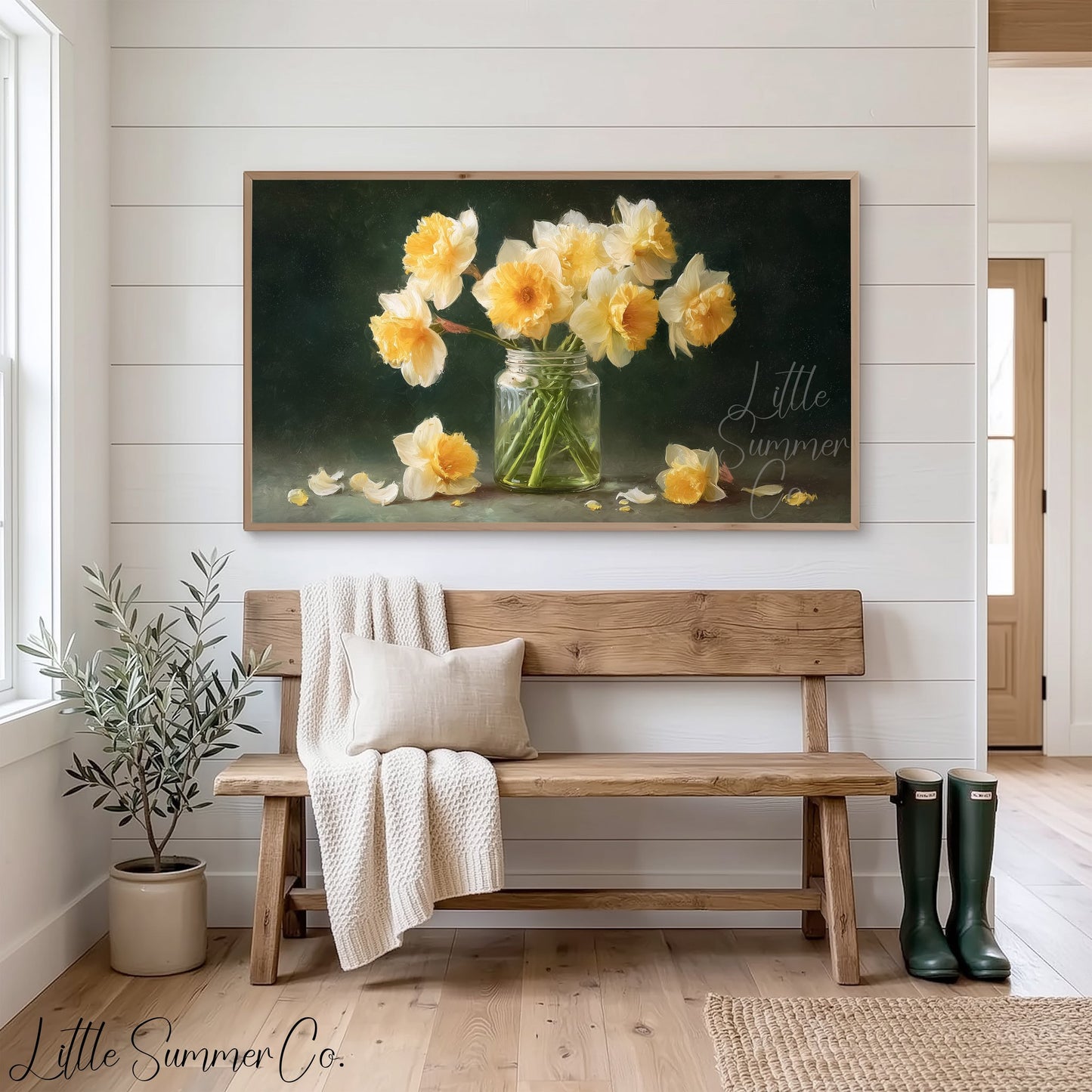 Daffodils in Glass Jar Frame TV Art displayed on a TV
