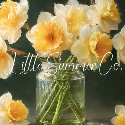 Daffodils in Glass Jar Frame TV Art displayed on a TV
