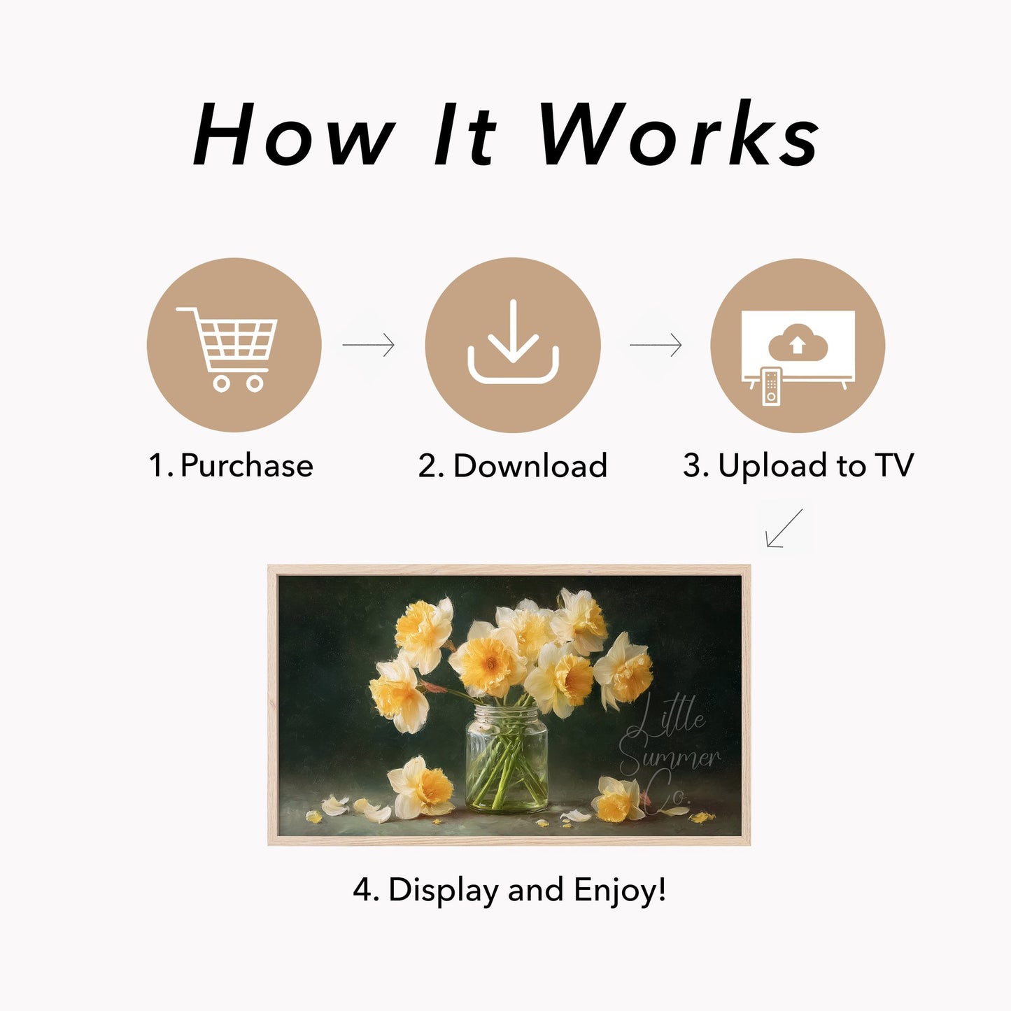 Daffodils in Glass Jar Frame TV Art displayed on a TV