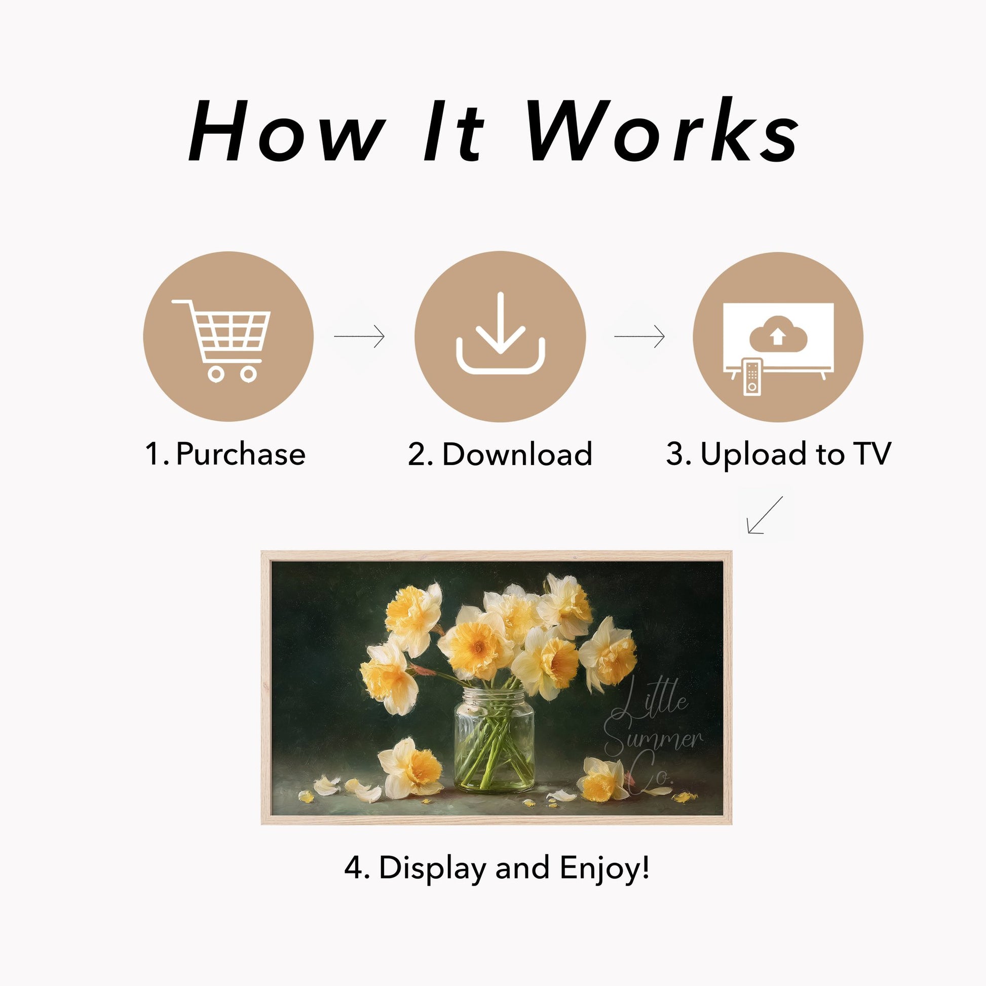 Daffodils in Glass Jar Frame TV Art displayed on a TV