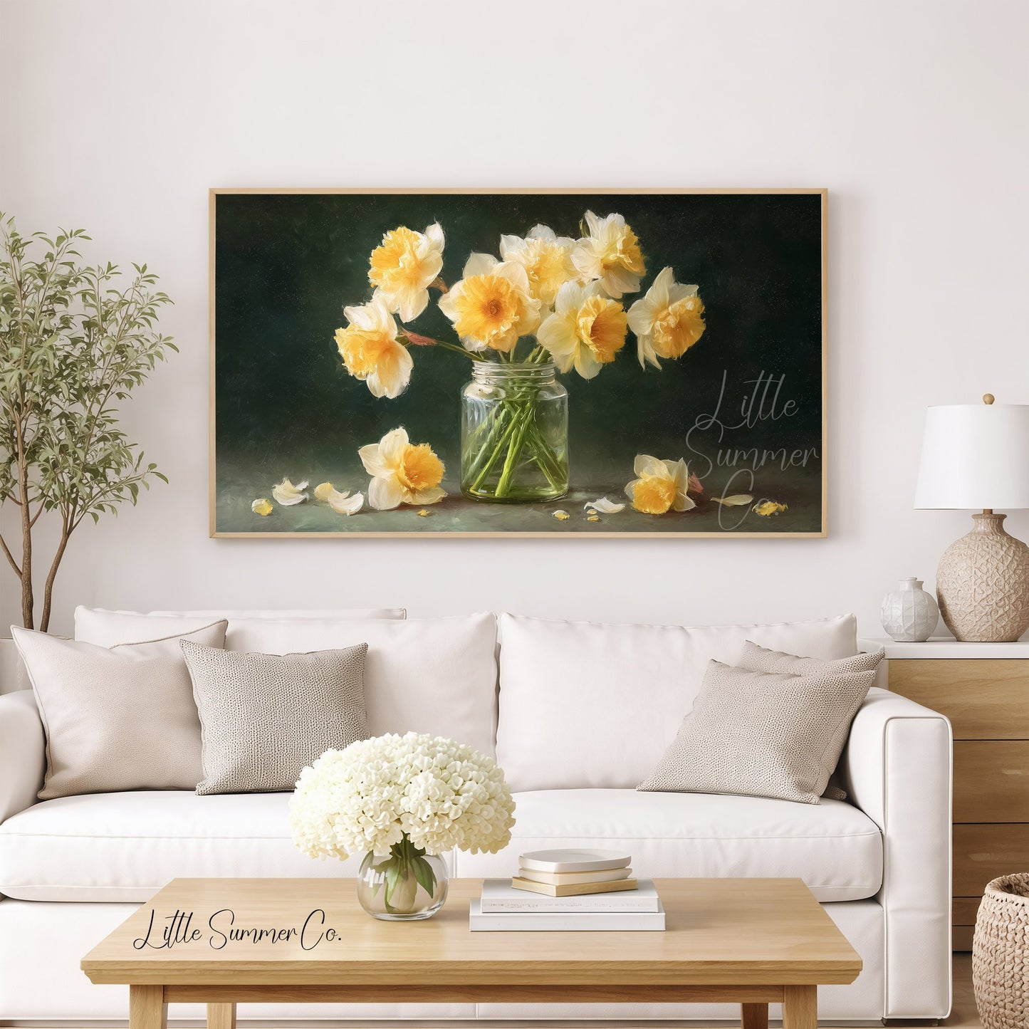 Daffodils in Glass Jar Frame TV Art displayed on a TV