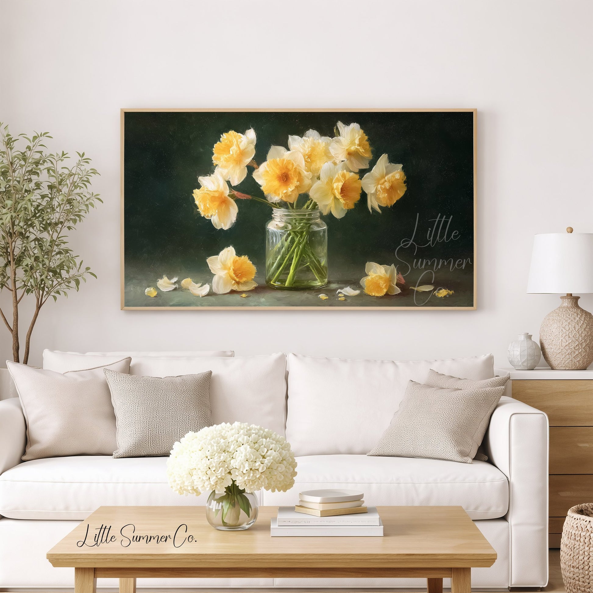 Daffodils in Glass Jar Frame TV Art displayed on a TV