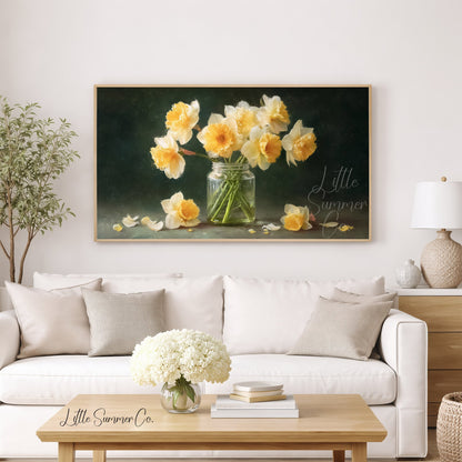Daffodils in Glass Jar Frame TV Art displayed on a TV
