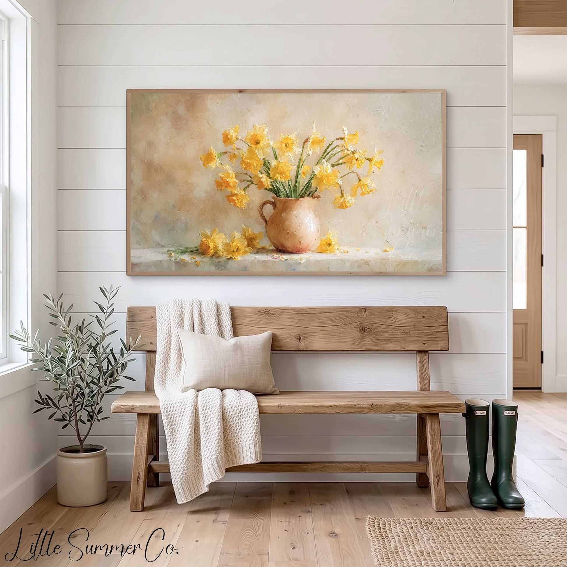 Daffodils in Terracotta Pitcher Frame TV Art displayed on a TV