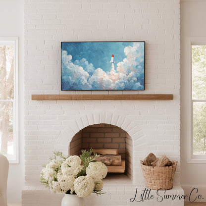 Rocket Launching Through Clouds Frame TV Art displayed on a TV