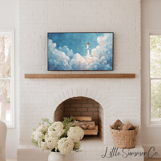 Rocket Launching Through Clouds Frame TV Art displayed on a TV