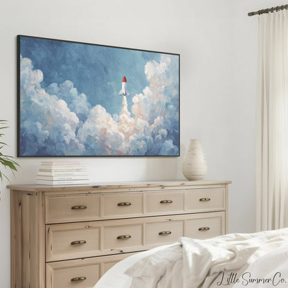 Rocket Launching Through Clouds Frame TV Art displayed on a TV