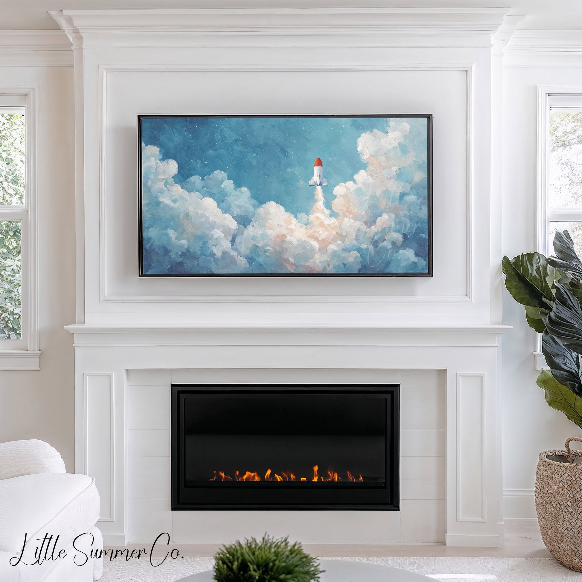 Rocket Launching Through Clouds Frame TV Art displayed on a TV