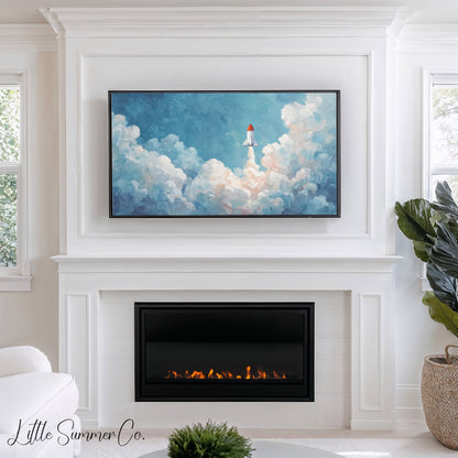 Rocket Launching Through Clouds Frame TV Art displayed on a TV