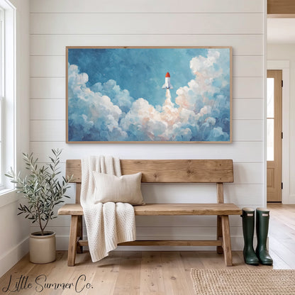 Rocket Launching Through Clouds Frame TV Art displayed on a TV