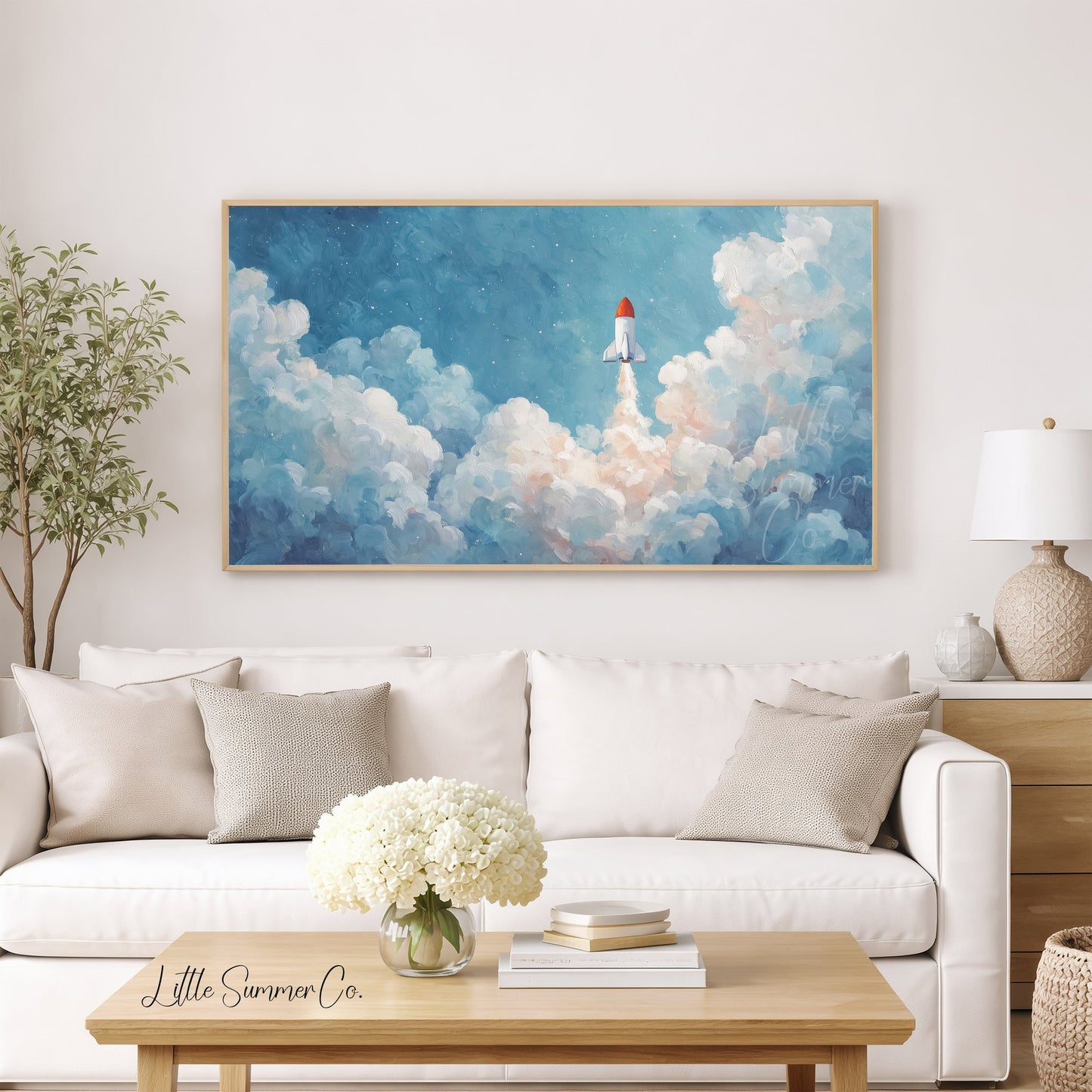 Rocket Launching Through Clouds Frame TV Art displayed on a TV