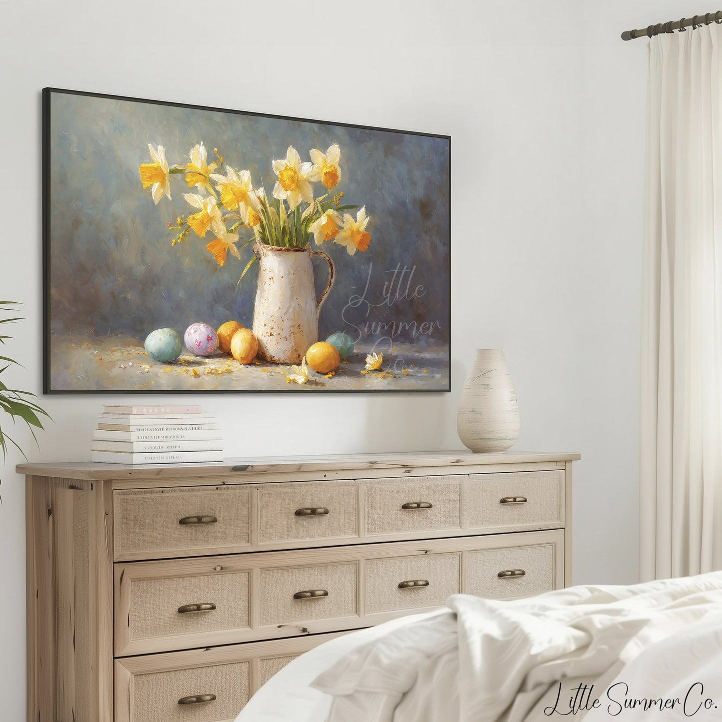 Daffodil Pitcher Frame TV Art displayed on a TV
