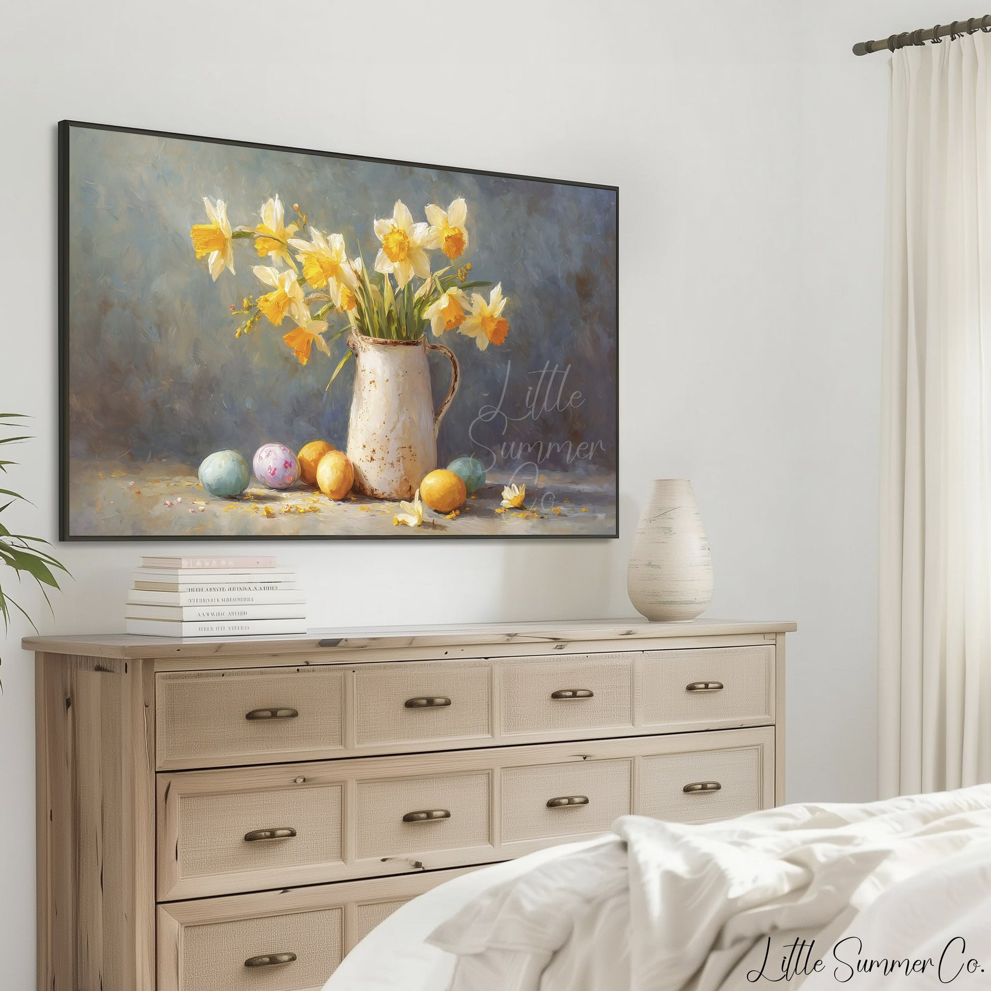 Daffodil Pitcher Frame TV Art displayed on a TV