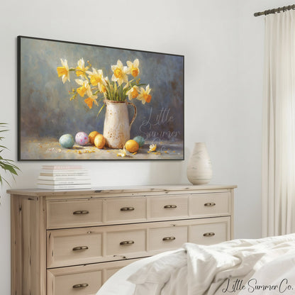 Daffodil Pitcher Frame TV Art displayed on a TV