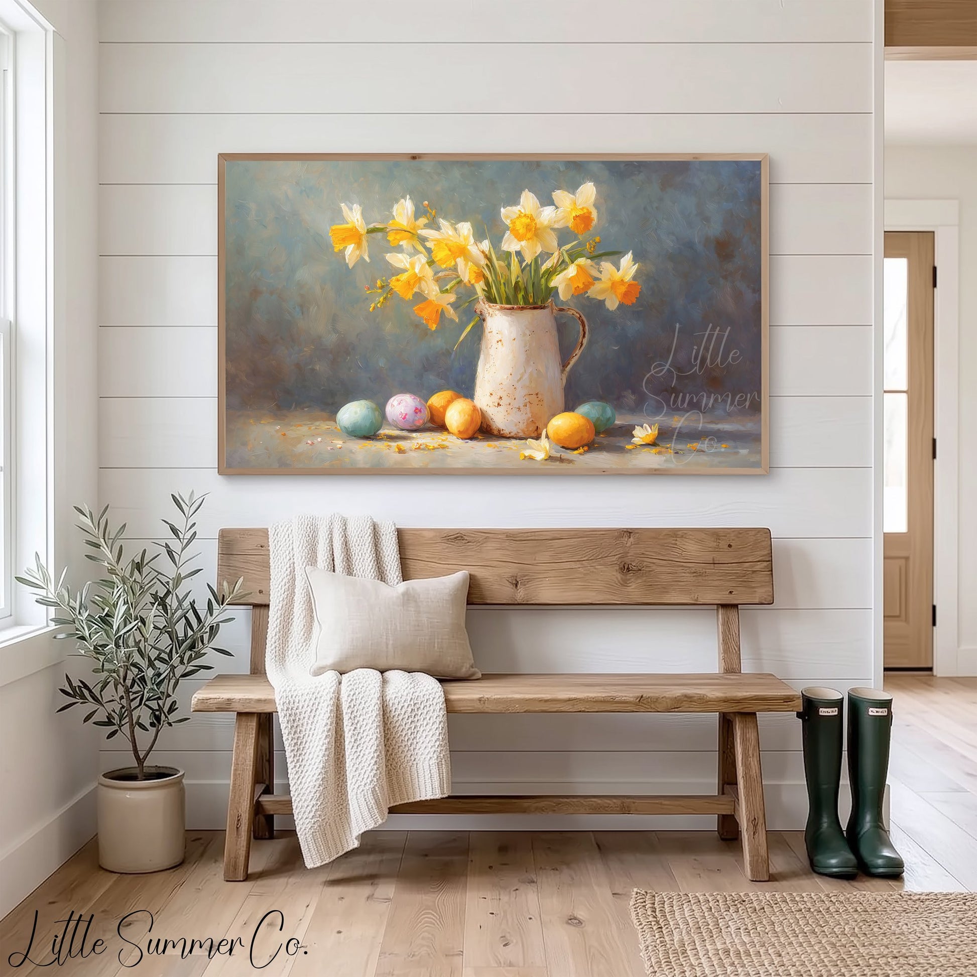 Daffodil Pitcher Frame TV Art displayed on a TV