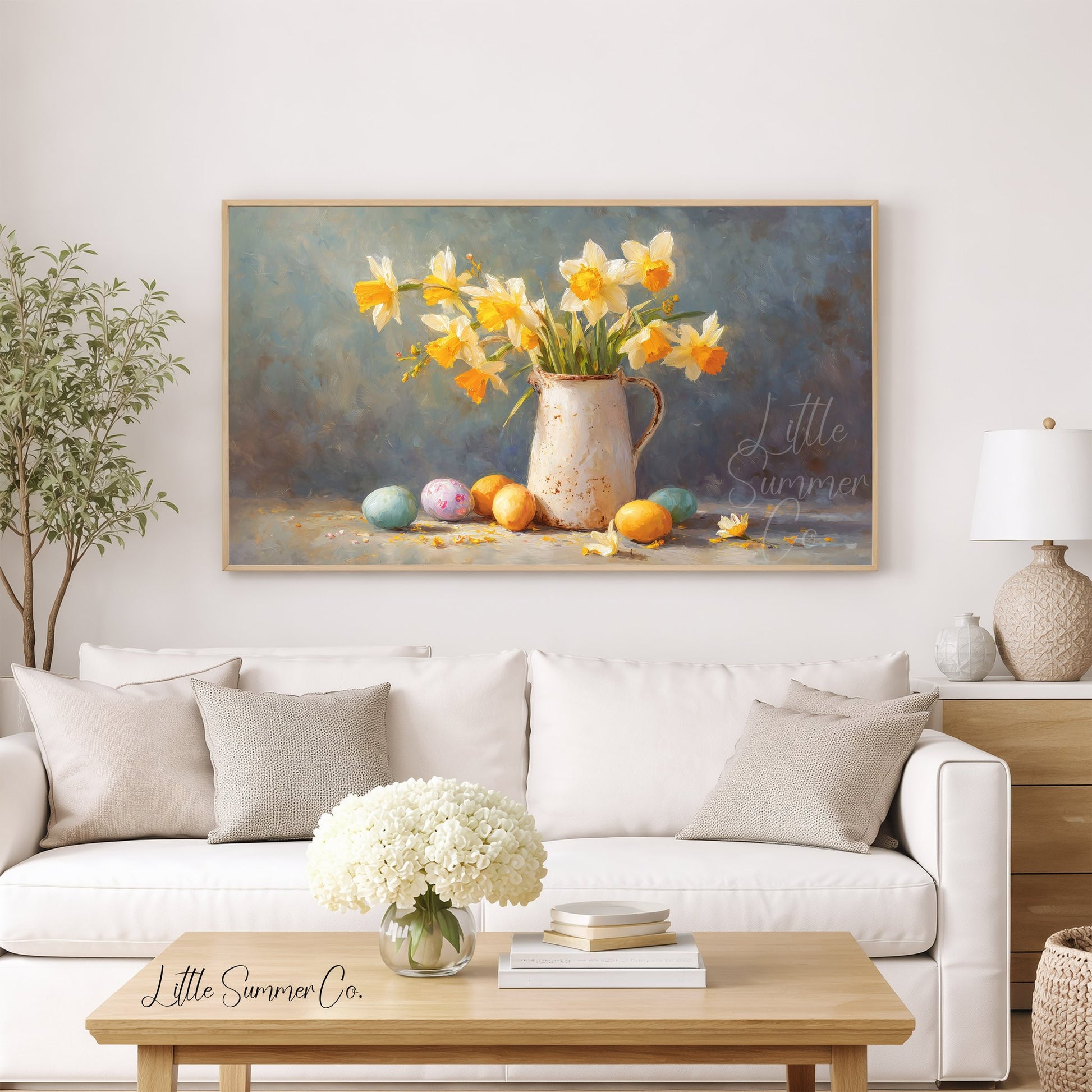 Daffodil Pitcher Frame TV Art displayed on a TV