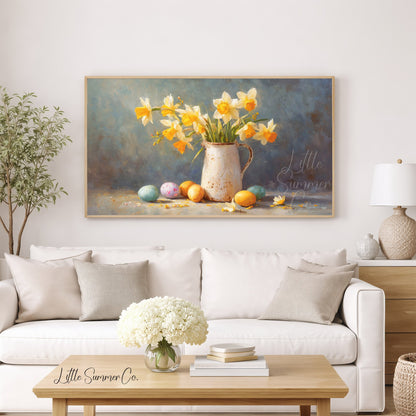 Daffodil Pitcher Frame TV Art displayed on a TV