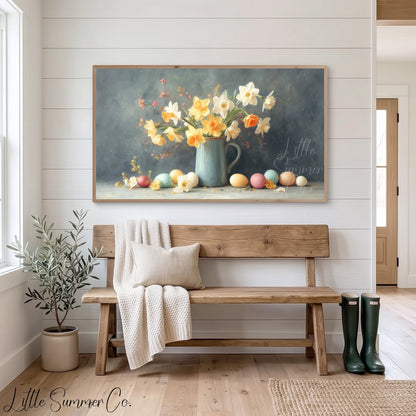 Daffodils With Easter Eggs Frame TV Art displayed on a TV