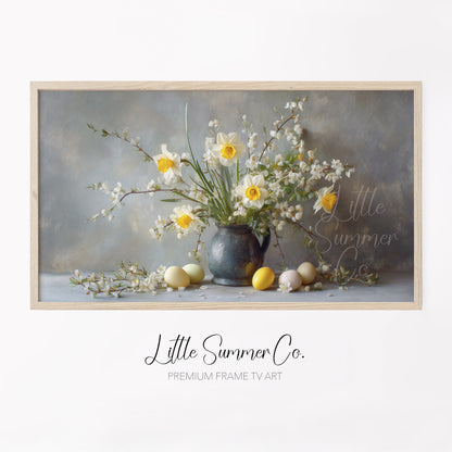 Daffodils And Blossom Branches Frame TV Art displayed on a TV