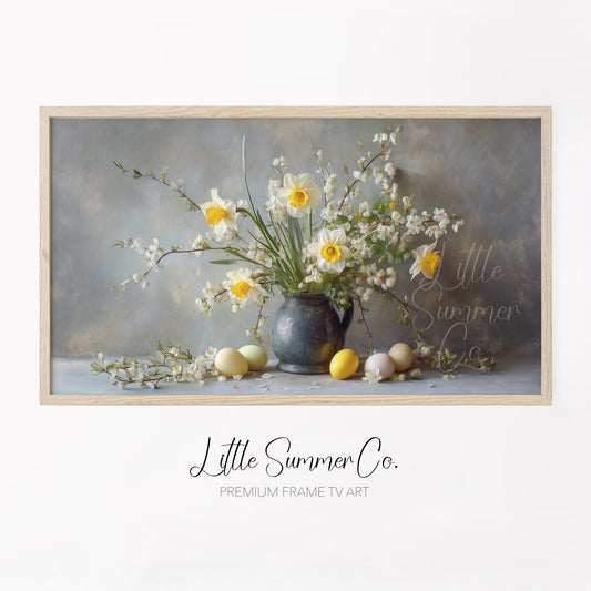 Daffodils And Blossom Branches Frame TV Art displayed on a TV