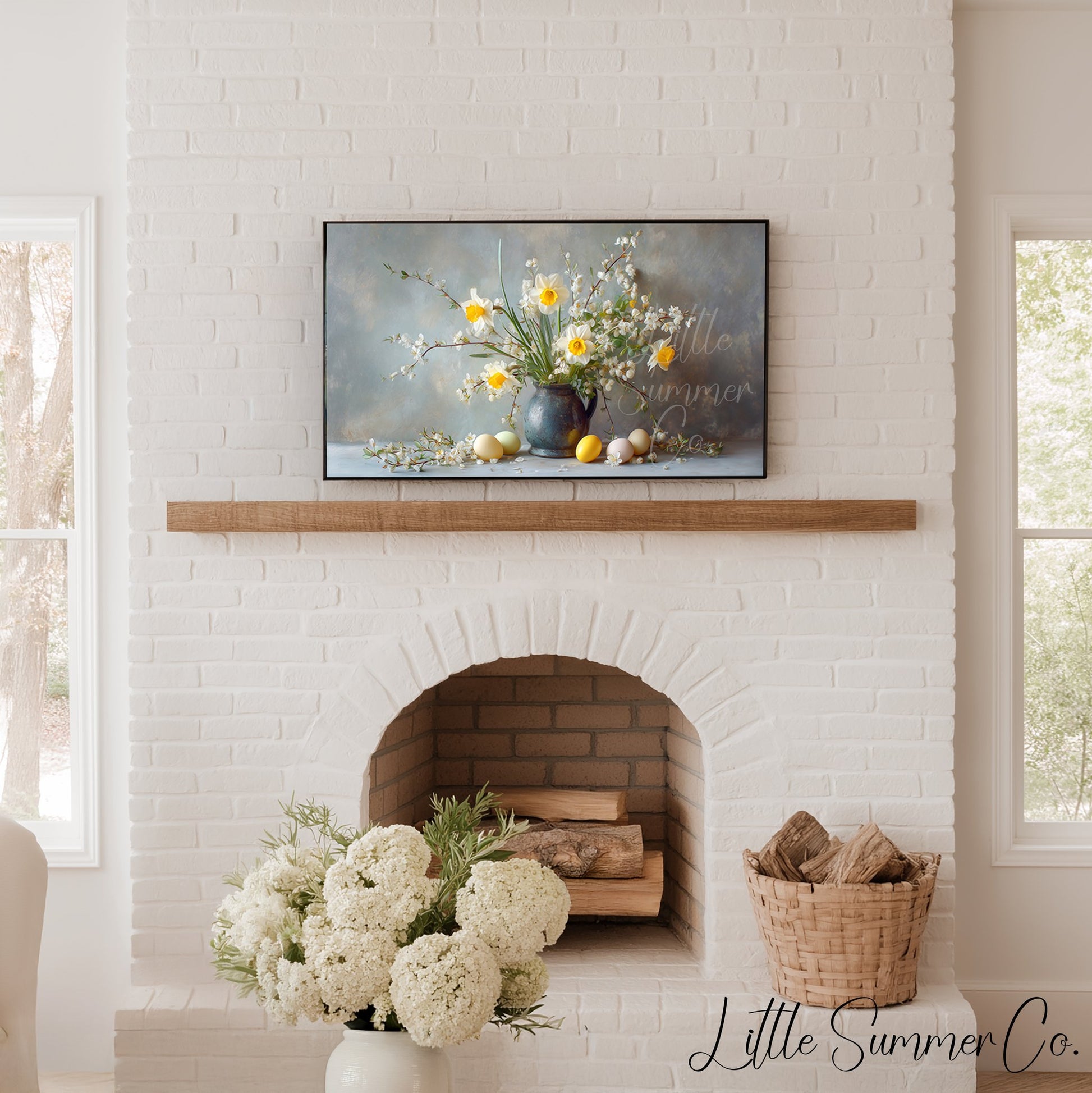 Daffodils And Blossom Branches Frame TV Art displayed on a TV