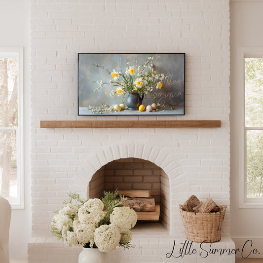 Daffodils And Blossom Branches Frame TV Art displayed on a TV