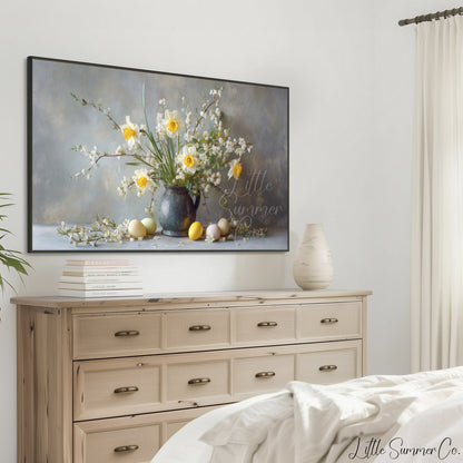 Daffodils And Blossom Branches Frame TV Art displayed on a TV