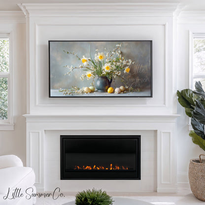 Daffodils And Blossom Branches Frame TV Art displayed on a TV