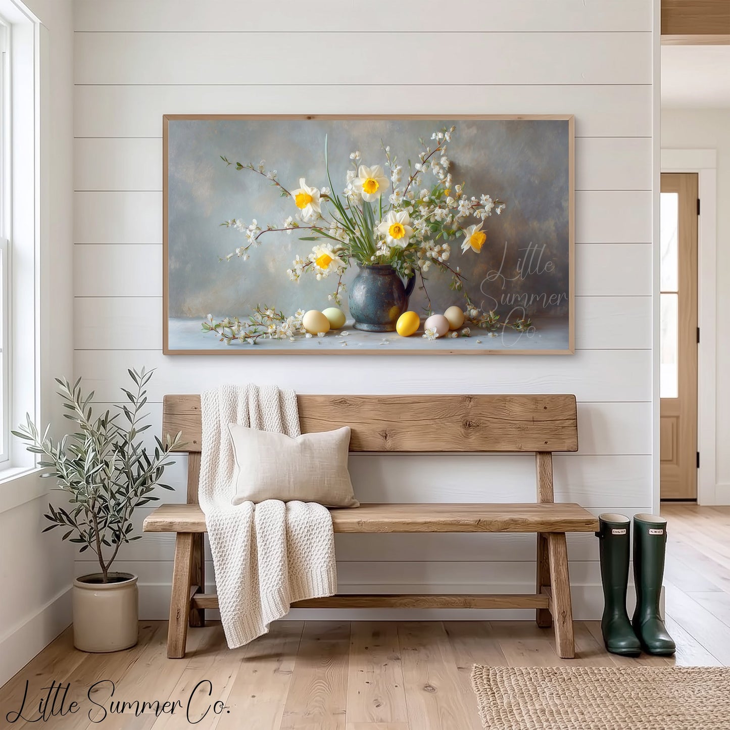 Daffodils And Blossom Branches Frame TV Art displayed on a TV