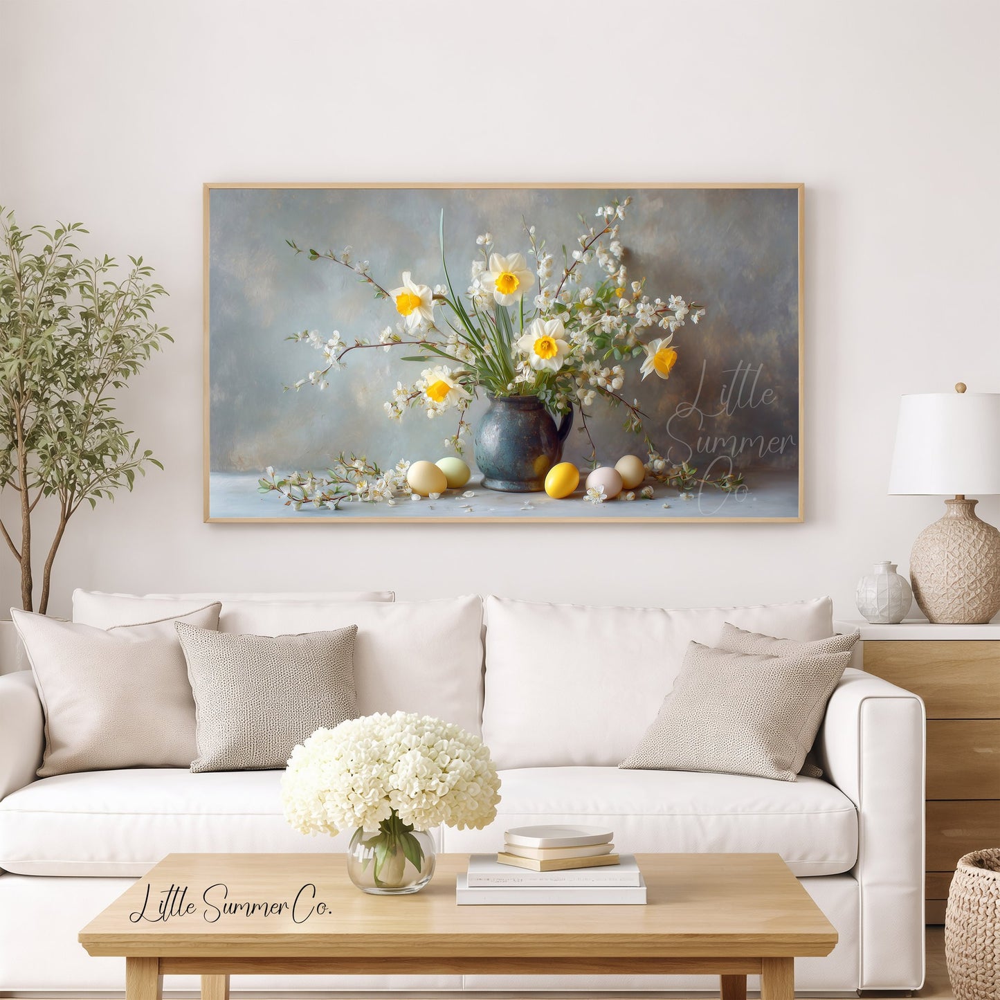 Daffodils And Blossom Branches Frame TV Art displayed on a TV