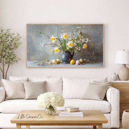 Daffodils And Blossom Branches Frame TV Art displayed on a TV