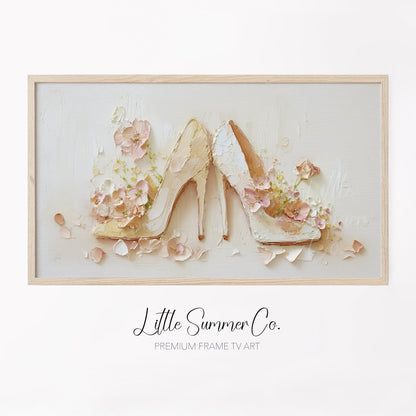 Bridal Heels with Flowers Frame TV Art displayed on a TV