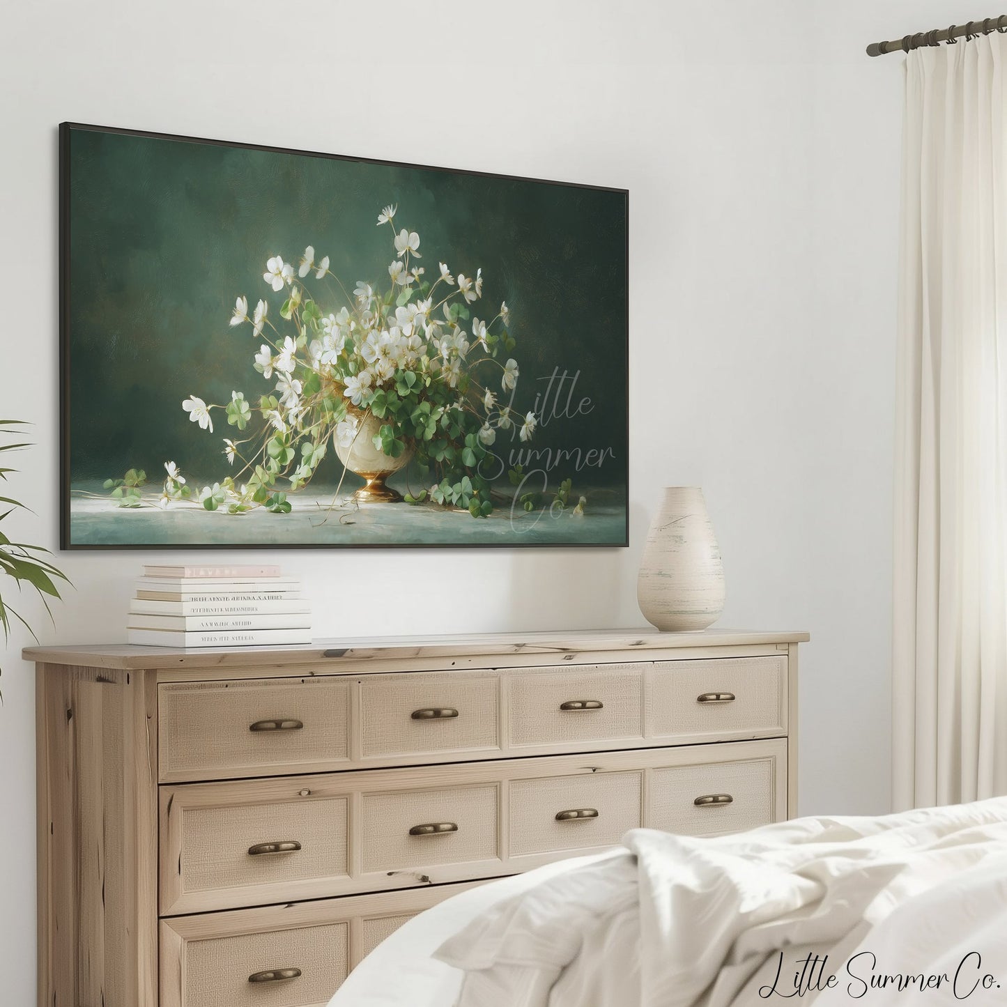 White Shamrock Flowers in Urn Frame TV Art displayed on a TV