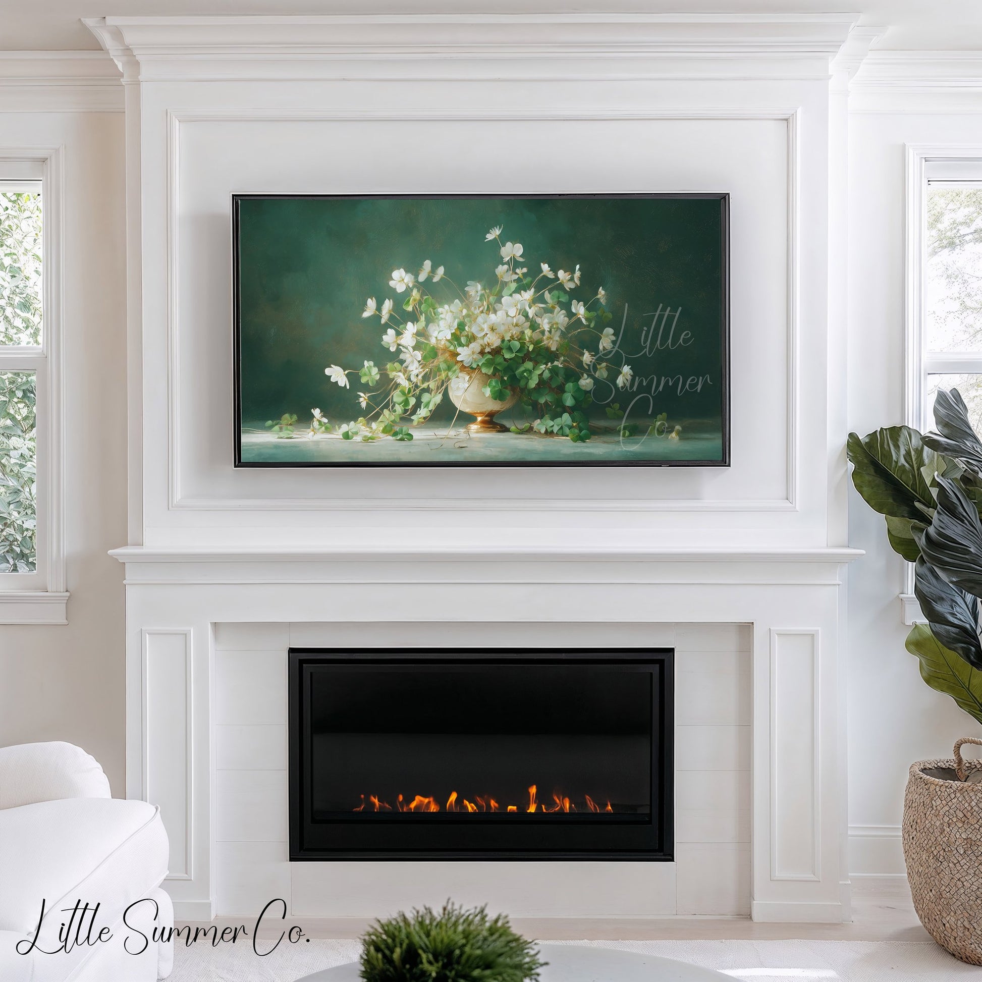 White Shamrock Flowers in Urn Frame TV Art displayed on a TV