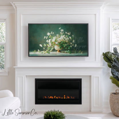 White Shamrock Flowers in Urn Frame TV Art displayed on a TV