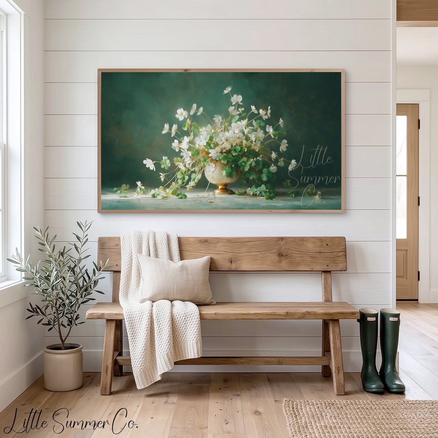 White Shamrock Flowers in Urn Frame TV Art displayed on a TV