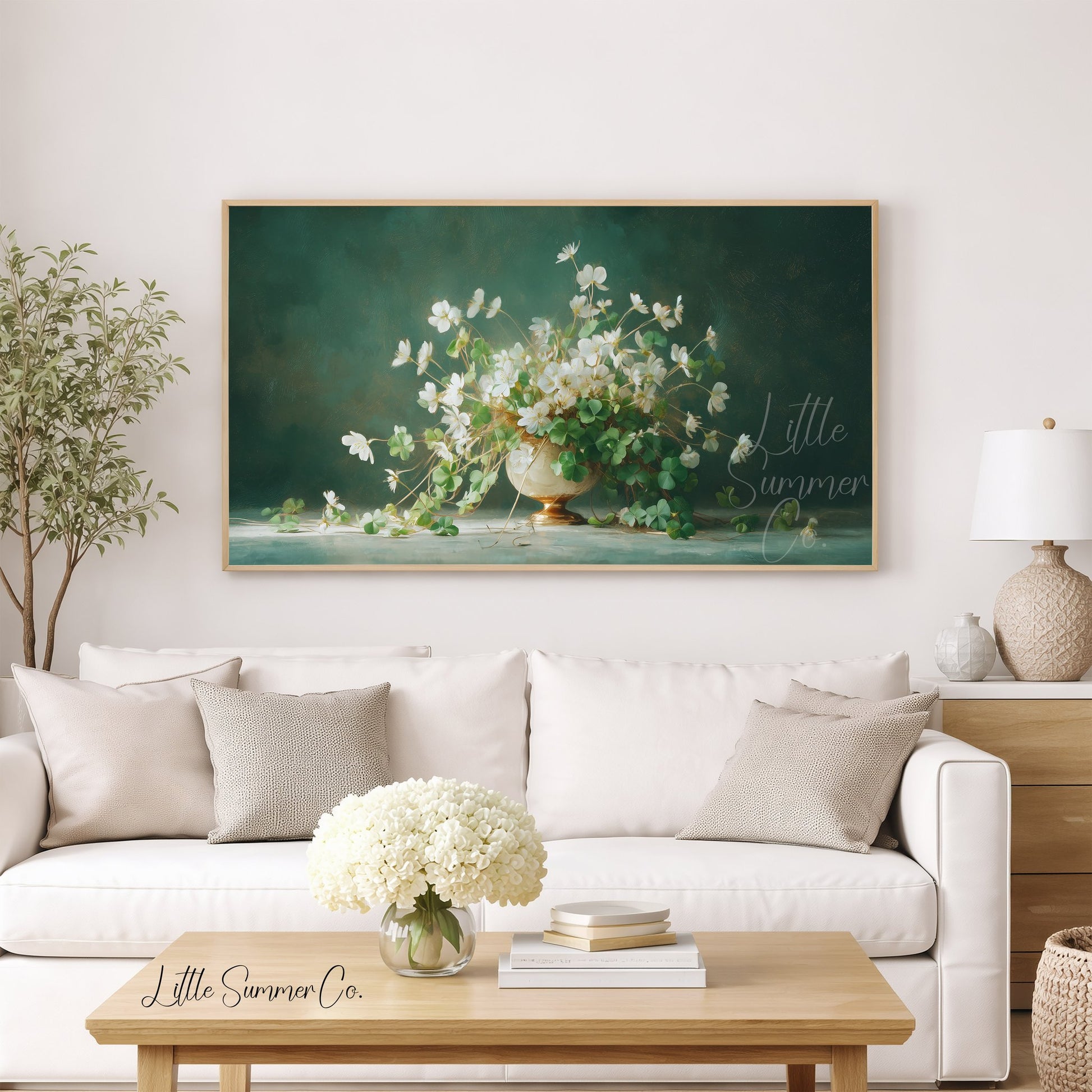 White Shamrock Flowers in Urn Frame TV Art displayed on a TV