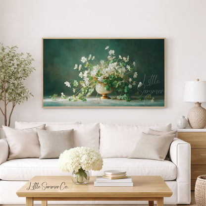 White Shamrock Flowers in Urn Frame TV Art displayed on a TV