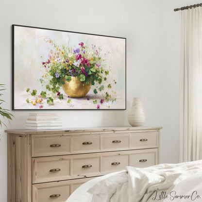 Clover Bouquet in Gold Bowl Frame TV Art displayed on a TV