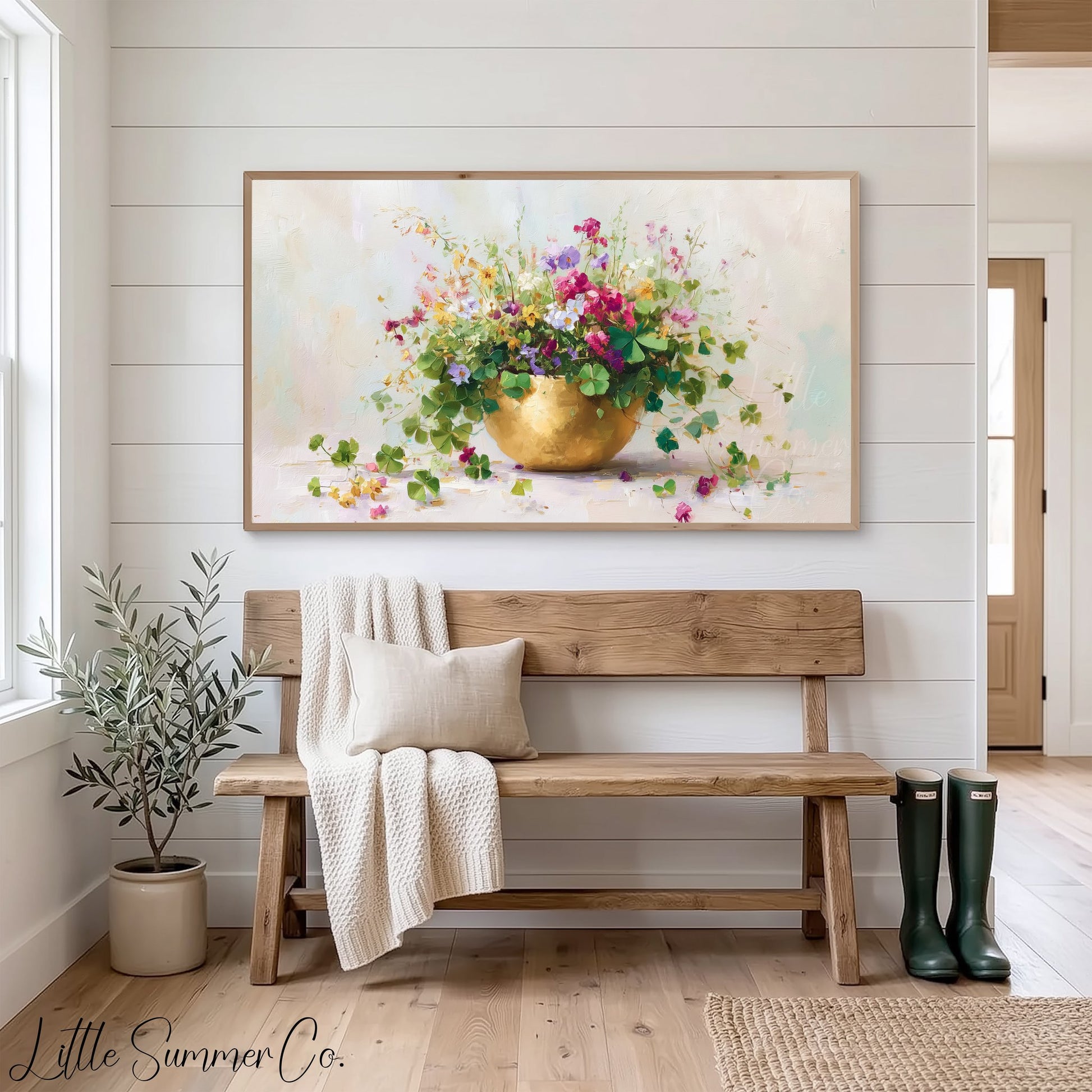 Clover Bouquet in Gold Bowl Frame TV Art displayed on a TV