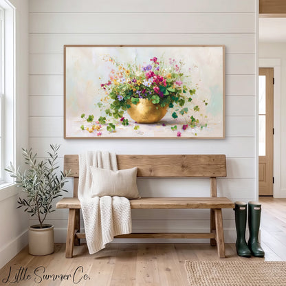 Clover Bouquet in Gold Bowl Frame TV Art displayed on a TV