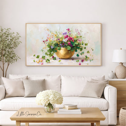 Clover Bouquet in Gold Bowl Frame TV Art displayed on a TV