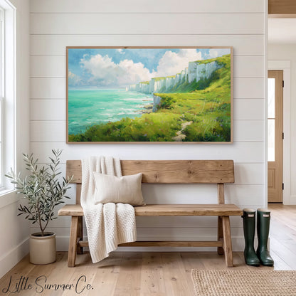 White Cliffs Frame TV Art displayed on a TV