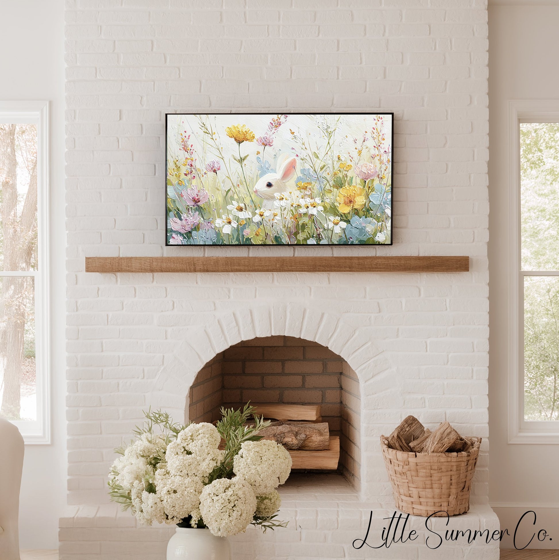 White Bunny Peeking Frame TV Art displayed on a TV