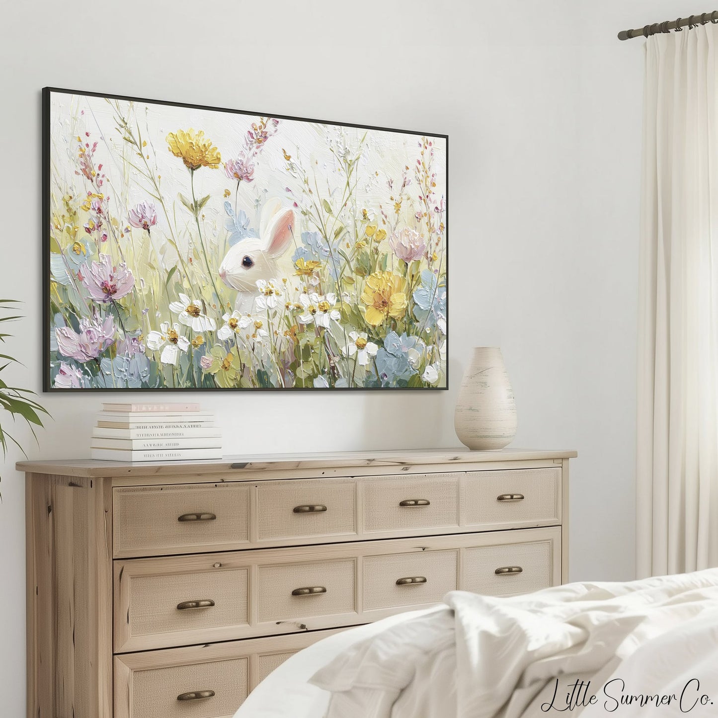 White Bunny Peeking Frame TV Art displayed on a TV